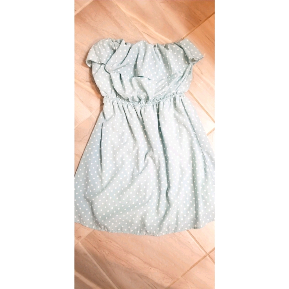 Blue polka dot strapless dress